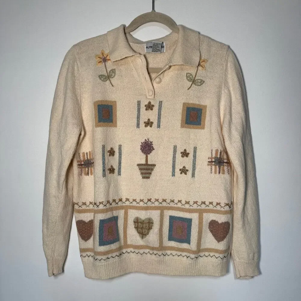 VTG Cottagecore Cardigan Sweater Floral Gardening Primitive Womens Sm Collared